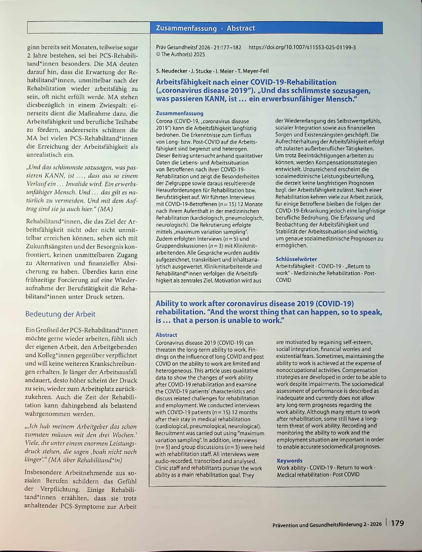 Vorschauseite 3: Arbeitsfähigkeit nach einer COVID-19-Rehabilitation („Coronavirus disease 2019“). „Und das Schlimmste sozusagen, was passieren kann, ist... ein erwerbsunfähiger Mensch.“