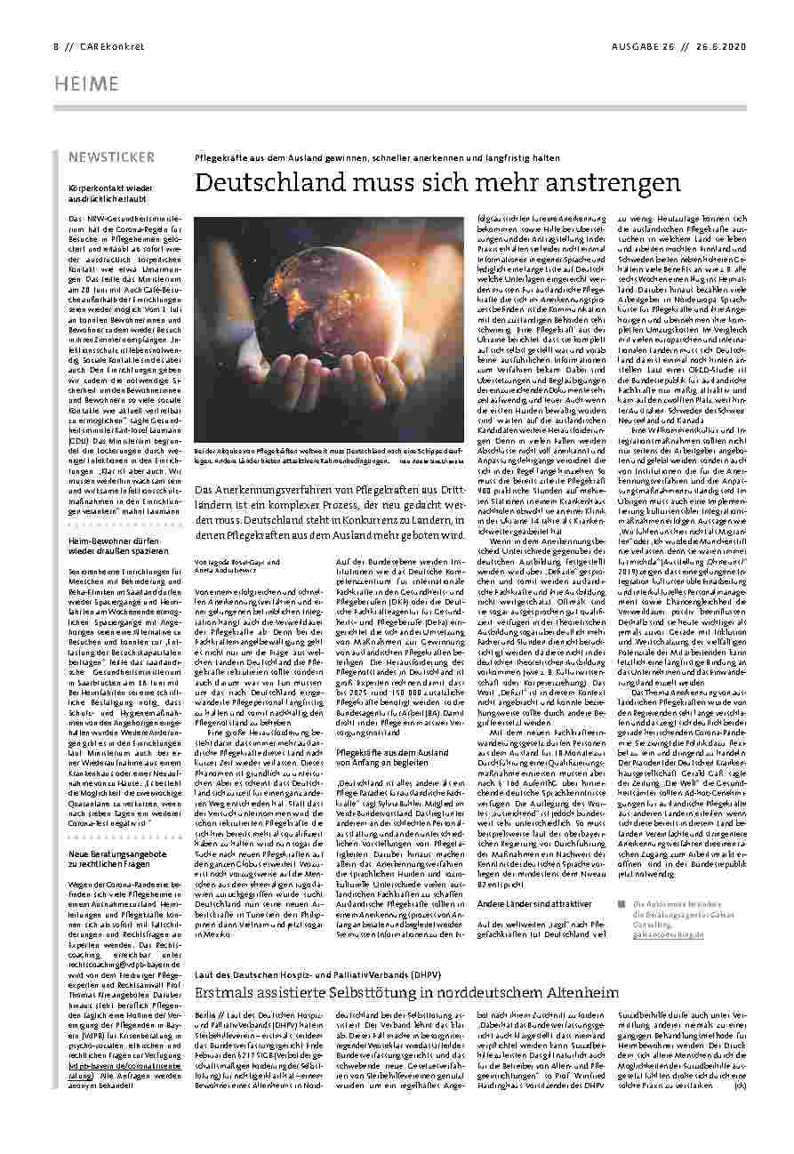 Vorschauseite 1: Pflegekräfte aus dem Ausland gewinnen, schneller anerkennen und langfristig halten. Deutschland muss sich mehr anstrengen.