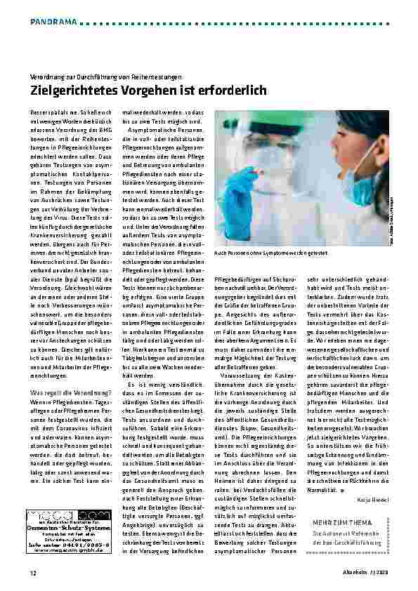 Vorschauseite 1: Verordnung zur Durchführung von Reihentestungen: Zielgerichtetes Vorgehen ist erforderlich.
