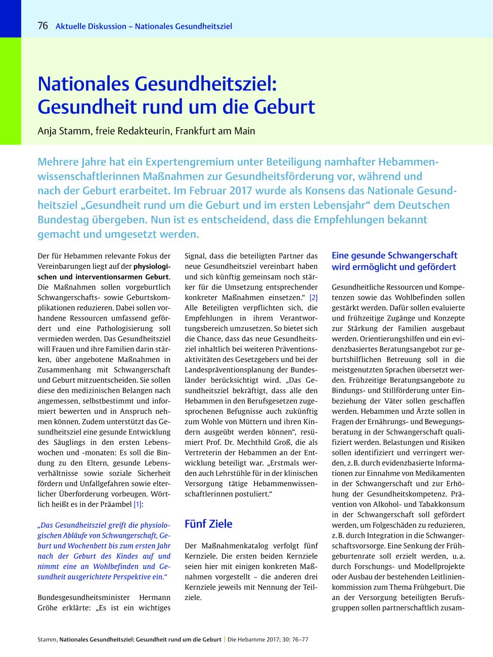Vorschauseite 1: Nationales Gesundheitsziel: Gesundheit rund um die Geburt