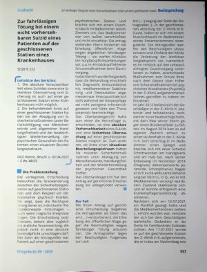 Vorschauseite 1: Zur fahrlässigen Tötung bei einem nicht vorhersehbaren Suizid eines Patienten auf der geschlossenen Station eines Krankenhauses