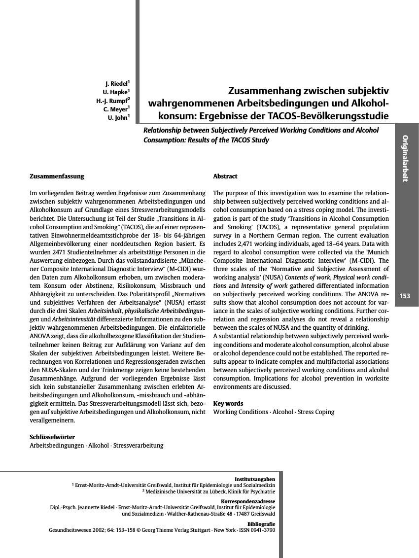 Vorschauseite 1: Zusammenhang zwischen subjektiv wahrgenommenen Arbeitsbedingungen und Alkoholkonsum: Ergebnisse der TACOS-Bevölkerungsstudie