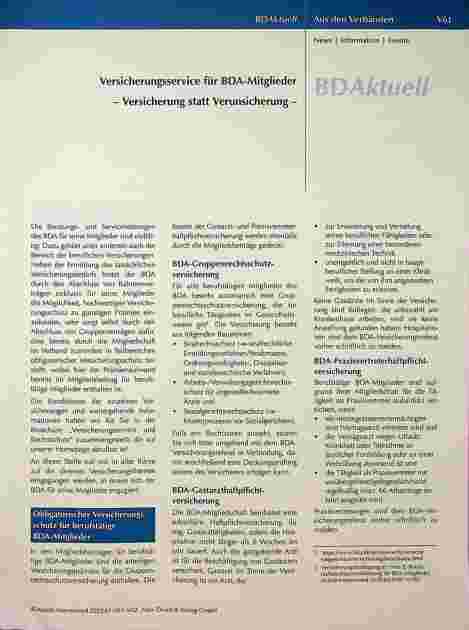 Vorschauseite 1: Versicherungsservice für BDA-Mitglieder - Versicherung statt Verunsicherung