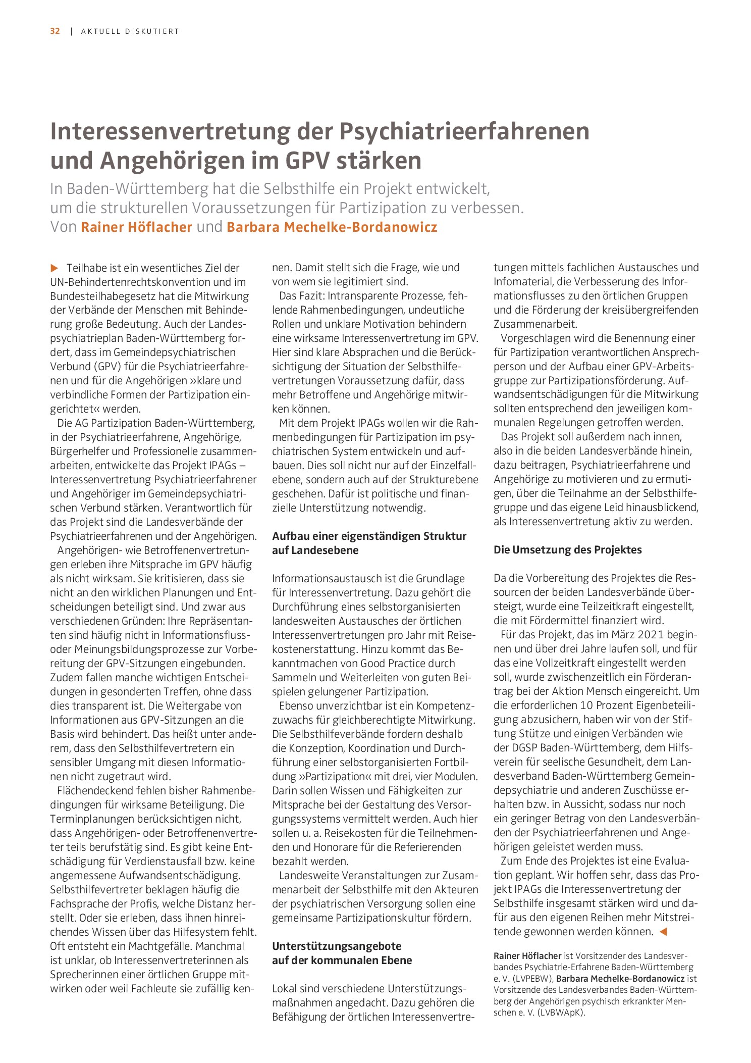 Vorschauseite 1: Interessenvertretung der Psychiatrieerfahrenen und Angehörigen im GPV stärken