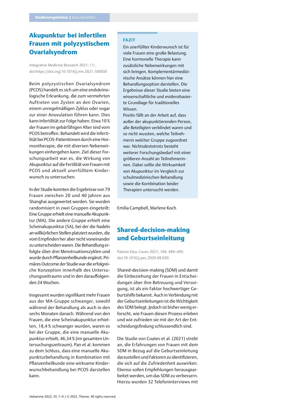 Vorschauseite 1: Akupunktur bei infertilen Frauen mit polyzystischem Ovarialsyndrom