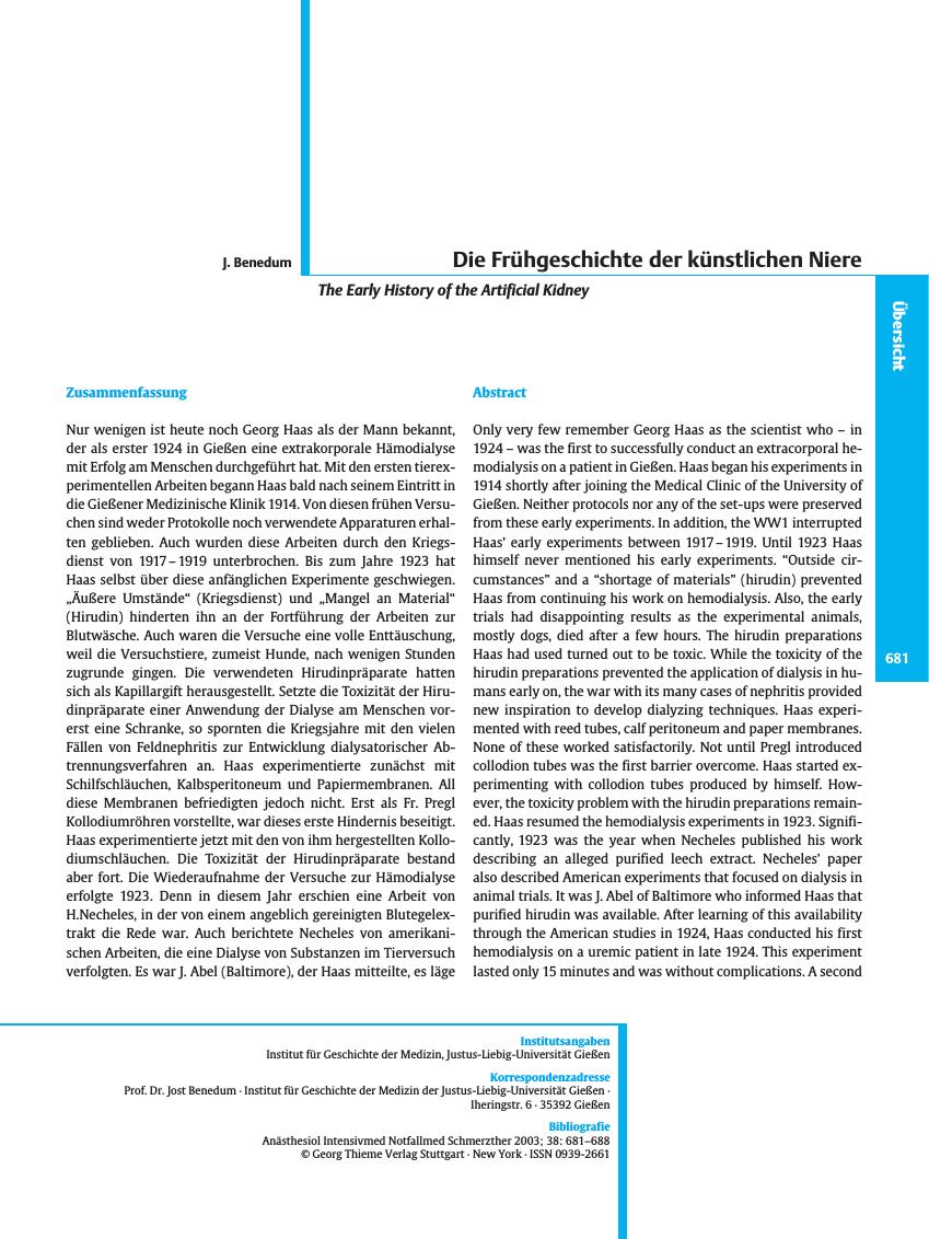 Vorschauseite 1: Die Frühgeschichte der künstlichen Niere