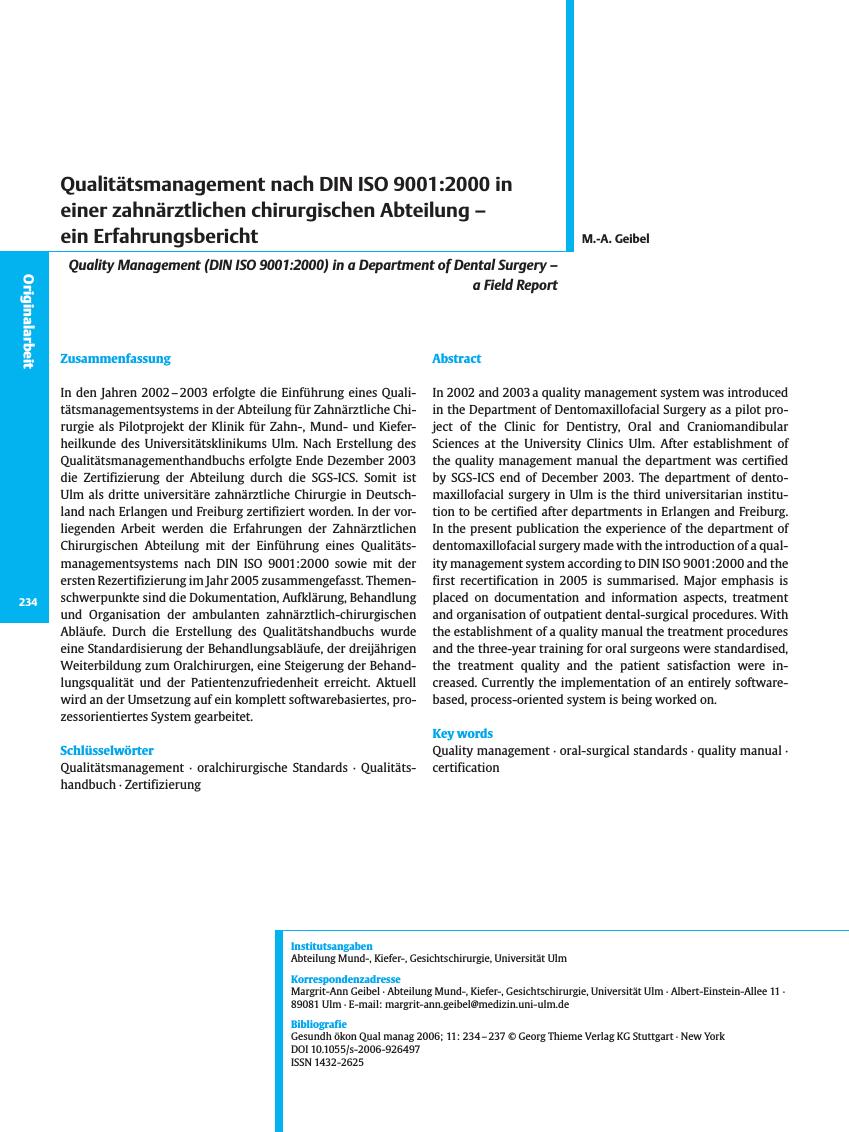 Vorschauseite 1: Qualitätsmanagement nach DIN ISO 9001: 2000 in einer zahnärztlichen chirurgischen Abteilung - ein Erfahrungsbericht
