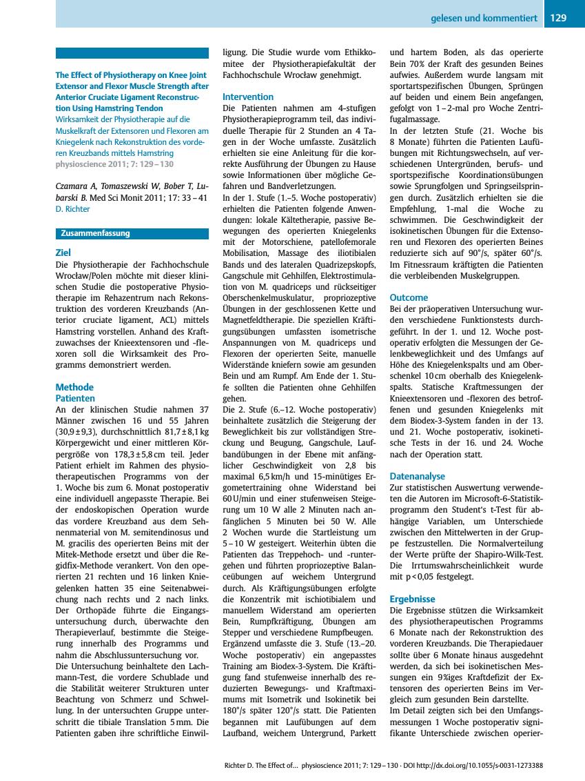 Vorschauseite 1: The Effect of Physiotherapy on Knee Joint Extensor and Flexor Muscle Strength after Anterior Cruciate Ligament Reconstruction Using Hamstring Tendon