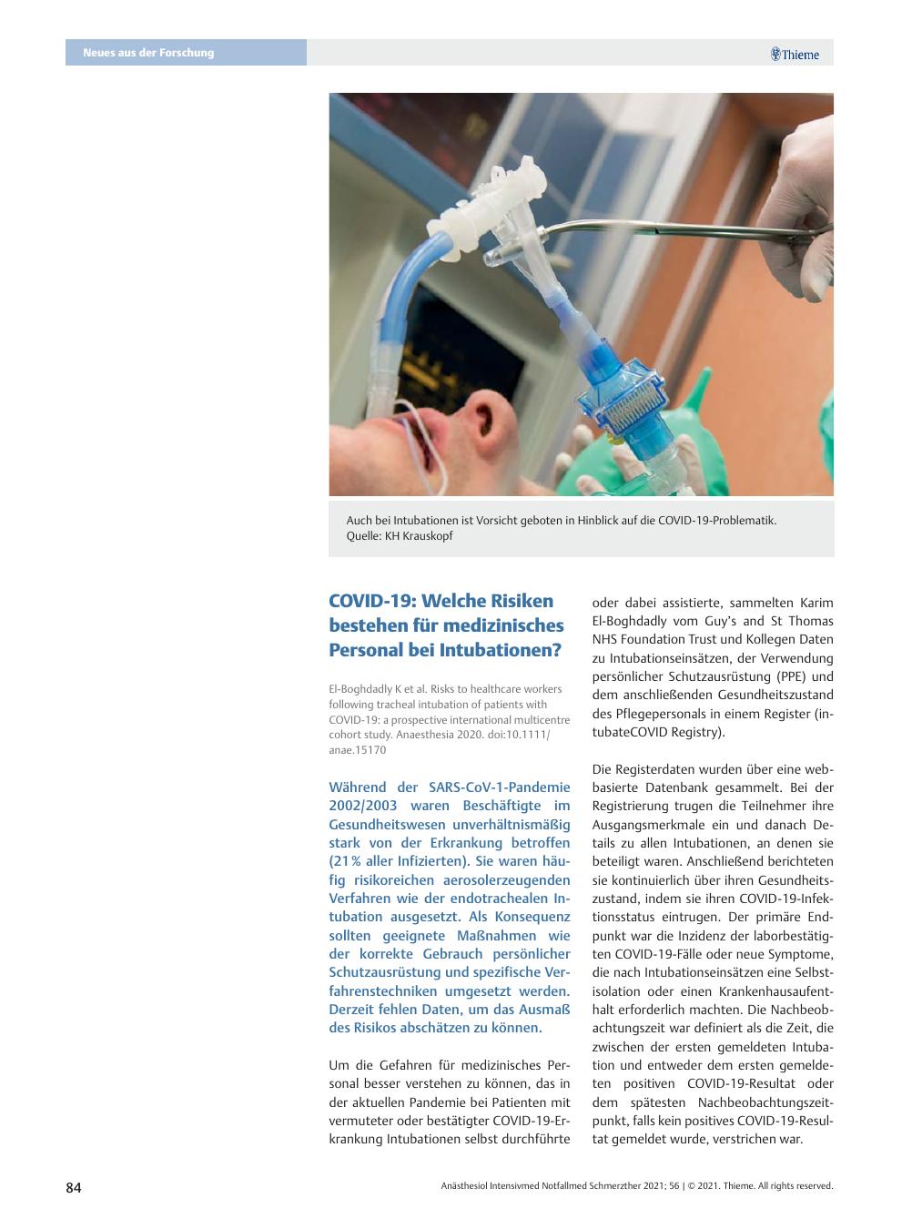Vorschauseite 1: COVID-19: Welche Risiken bestehen für medizinisches Personal bei Intubationen?