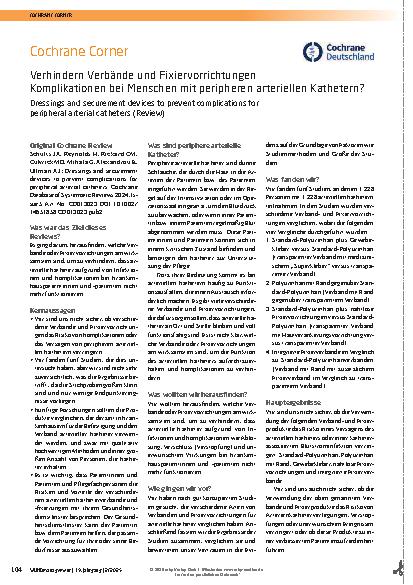 Vorschauseite 1: Verhindern Verbände und Fixiervorrichtungen Komplikationen bei Menschen mit peripheren arteriellen Kathetern?