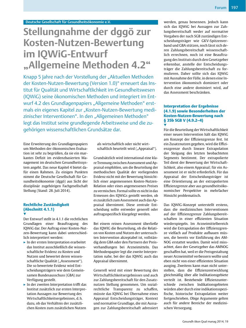 Vorschauseite 1: Deutsche Gesellschaft für Gesundheitsökonomie e.V. ? Stellungnahme der dggö zur Kosten-Nutzen-Bewertung im IQWiG-Entwurf ?Allgemeine Methoden 4.2?