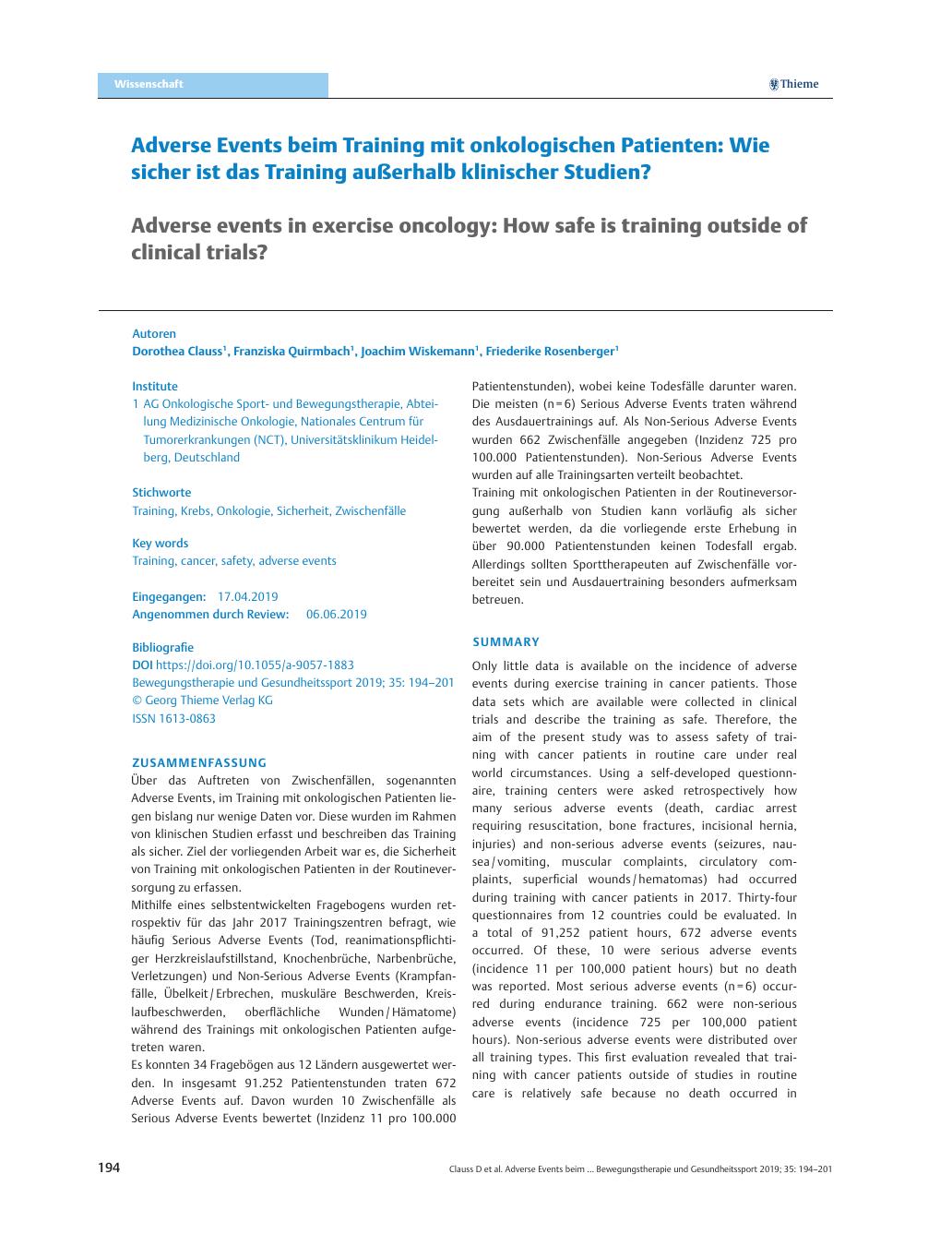 Vorschauseite 1: Adverse Events beim Training mit onkologischen Patienten: Wie sicher ist das Training außerhalb klinischer Studien?