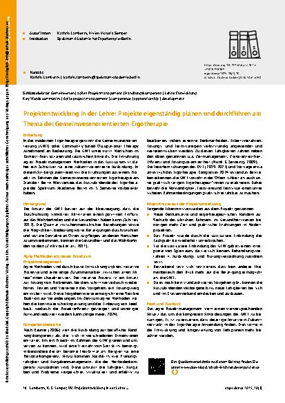 Vorschauseite 1: Projektentwicklung in der Lehre: Projekte eigenständig planen und durchführen am Thema der Gemeinwesenorientierten Ergotherapie