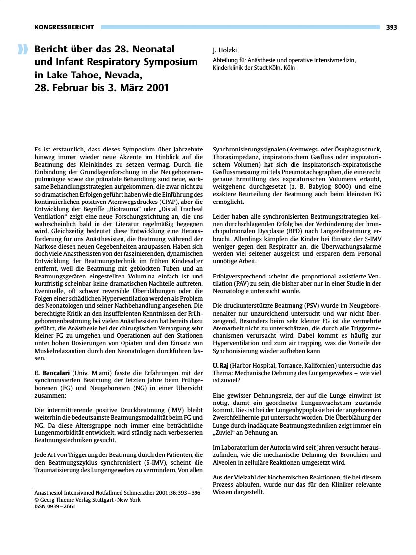 Vorschauseite 1: Bericht über das 28. Neonatal und Infant Respiratory Symposium in Lake Tahoe, Nevada, 28. Februar bis 3. März 2001