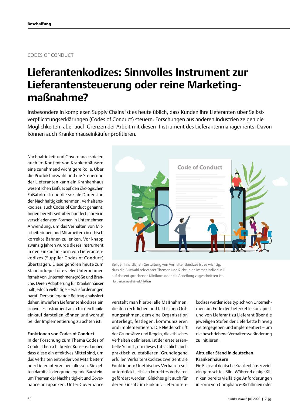 Vorschauseite 1: Codes of Conduct: Lieferantenkodizes: Sinnvolles Instrument zur Lieferantensteuerung oder reine Marketingmaßnahme?