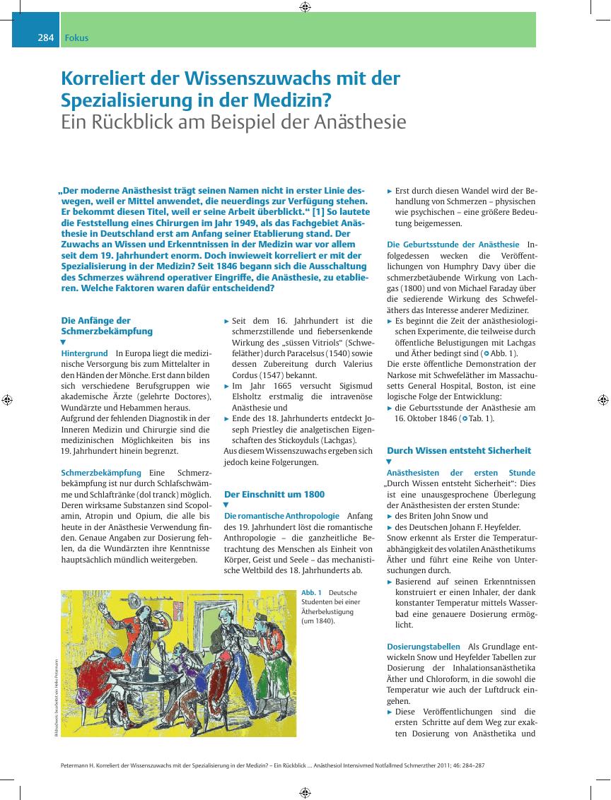 Vorschauseite 1: Korreliert der Wissenszuwachs mit der Spezialisierung in der Medizin? – Ein Rückblick am Beispiel der Anästhesie