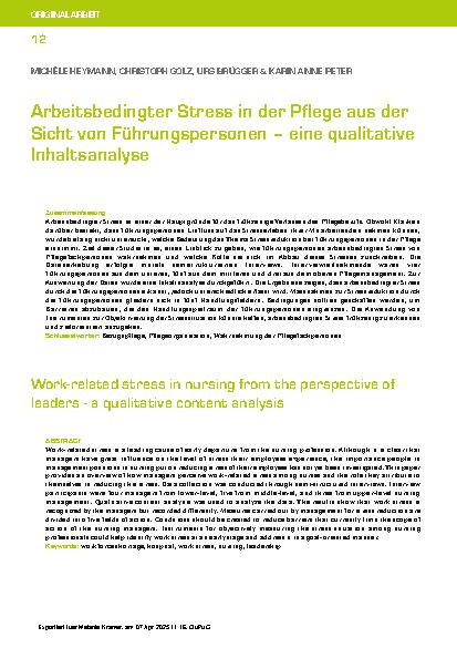 Vorschauseite 1: Arbeitsbedingter Stress in der Pflege aus der Sicht von Führungspersonen – eine qualitative Inhaltsanalyse