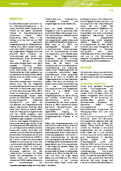 Vorschauseite 2: Arbeitsbedingter Stress in der Pflege aus der Sicht von Führungspersonen – eine qualitative Inhaltsanalyse