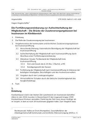 Vorschauseite 1: Die Fortführungsvereinbarung zur Aufrechterhaltung der Mitgliedschaft – Die Brücke der Zusatzversorgungskassen bei Insolvenzen im Klinikbereich