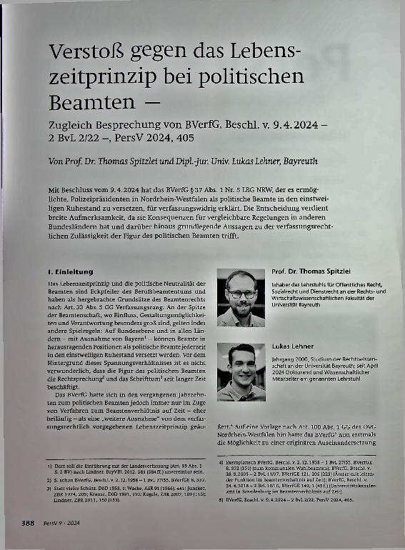 Vorschauseite 1: Verstoß gegen das Lebenszeitprinzip bei politischen Beamten