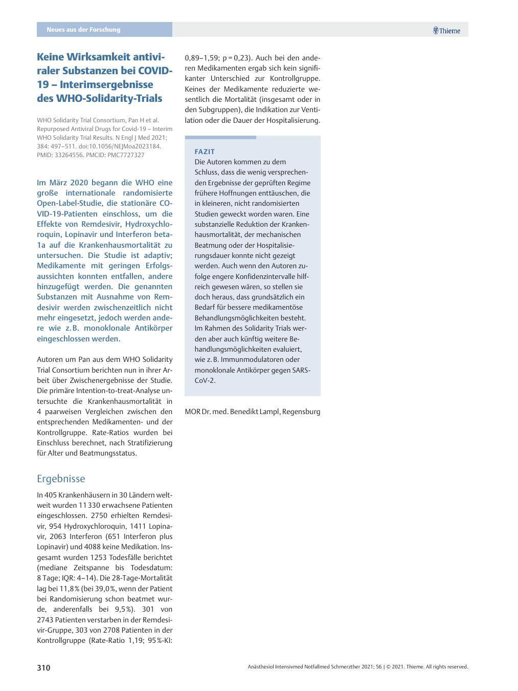 Vorschauseite 1: Keine Wirksamkeit antiviraler Substanzen bei COVID-19? Interimsergebnisse des WHO-Solidarity-Trials.