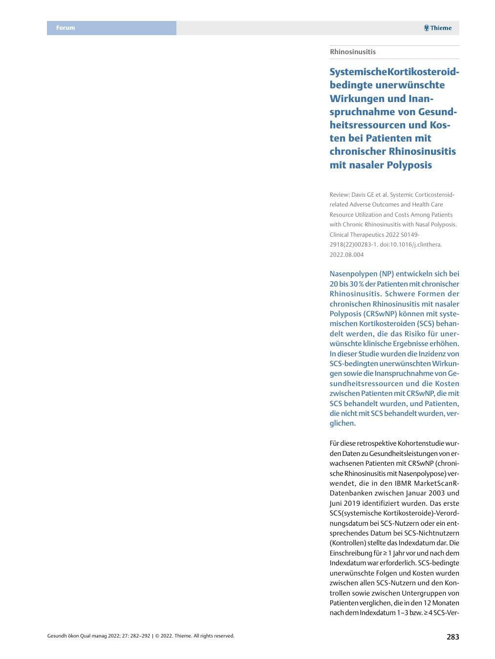 Vorschauseite 1: Rhinosinusitis - Systemische Kortikosteroid-bedingte unerwünschte Wirkungen und Inanspruchnahme von Gesundheitsressourcen und Kosten bei Patienten mit chronischer Rhinosinusitis m…