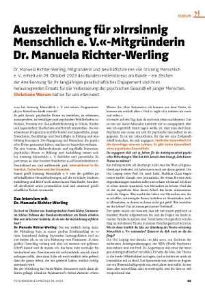 Vorschauseite 1: Auszeichnung für »Irrsinnig Menschlich e. V. «-Mitgründerin Dr. Manuela Richter-Werling