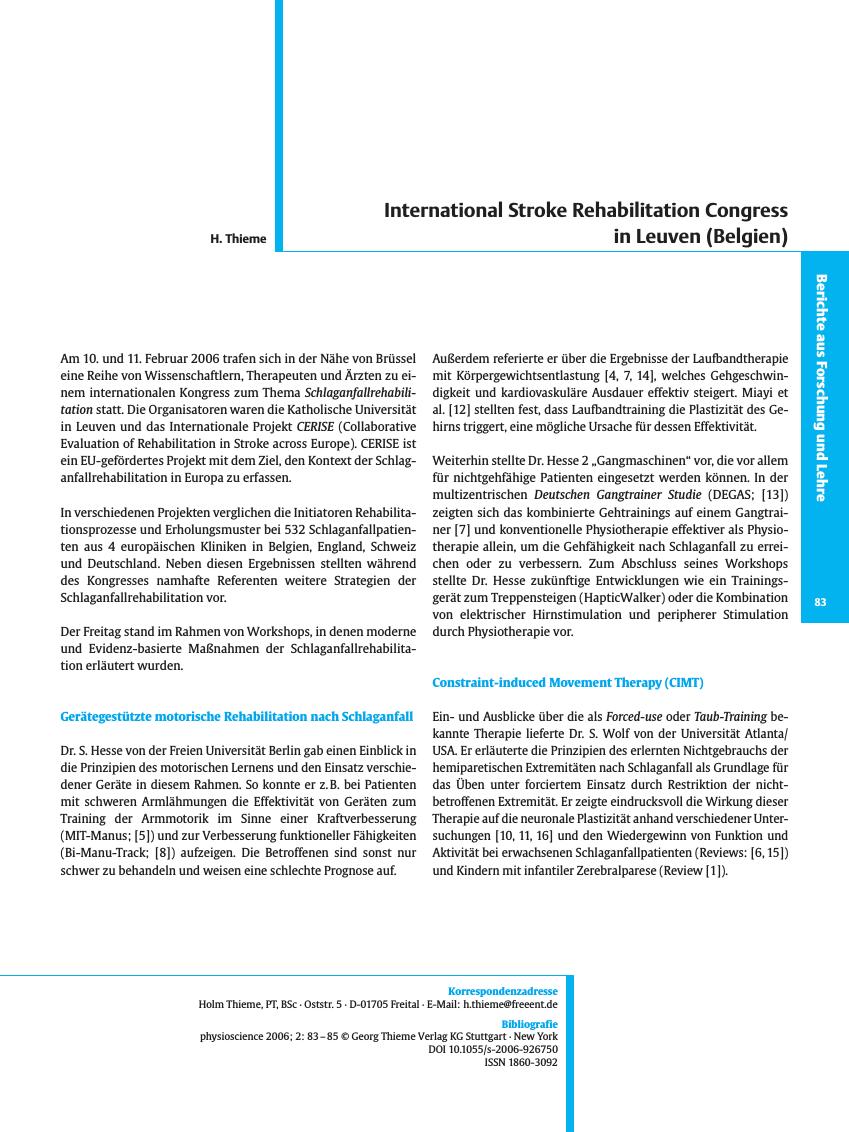 Vorschauseite 1: International Stroke Rehabilitation Congress in Leuven (Belgien)