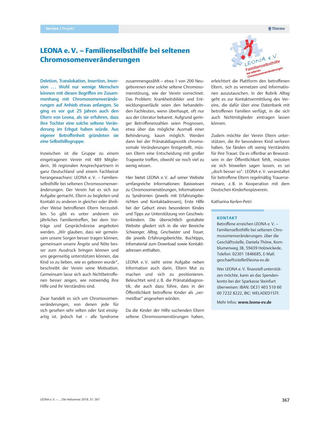 Vorschauseite 1: LEONA e. V. – Familienselbsthilfe bei seltenen Chromosomenveränderungen