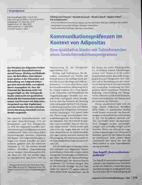 Vorschauseite 1: Kommunikationspräferenzen im Kontext von Adipositas. Eine qualitative Studie mit Teilnehmenden eines Gewichtsreduktionsprogramms.