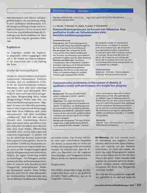 Vorschauseite 3: Kommunikationspräferenzen im Kontext von Adipositas. Eine qualitative Studie mit Teilnehmenden eines Gewichtsreduktionsprogramms.