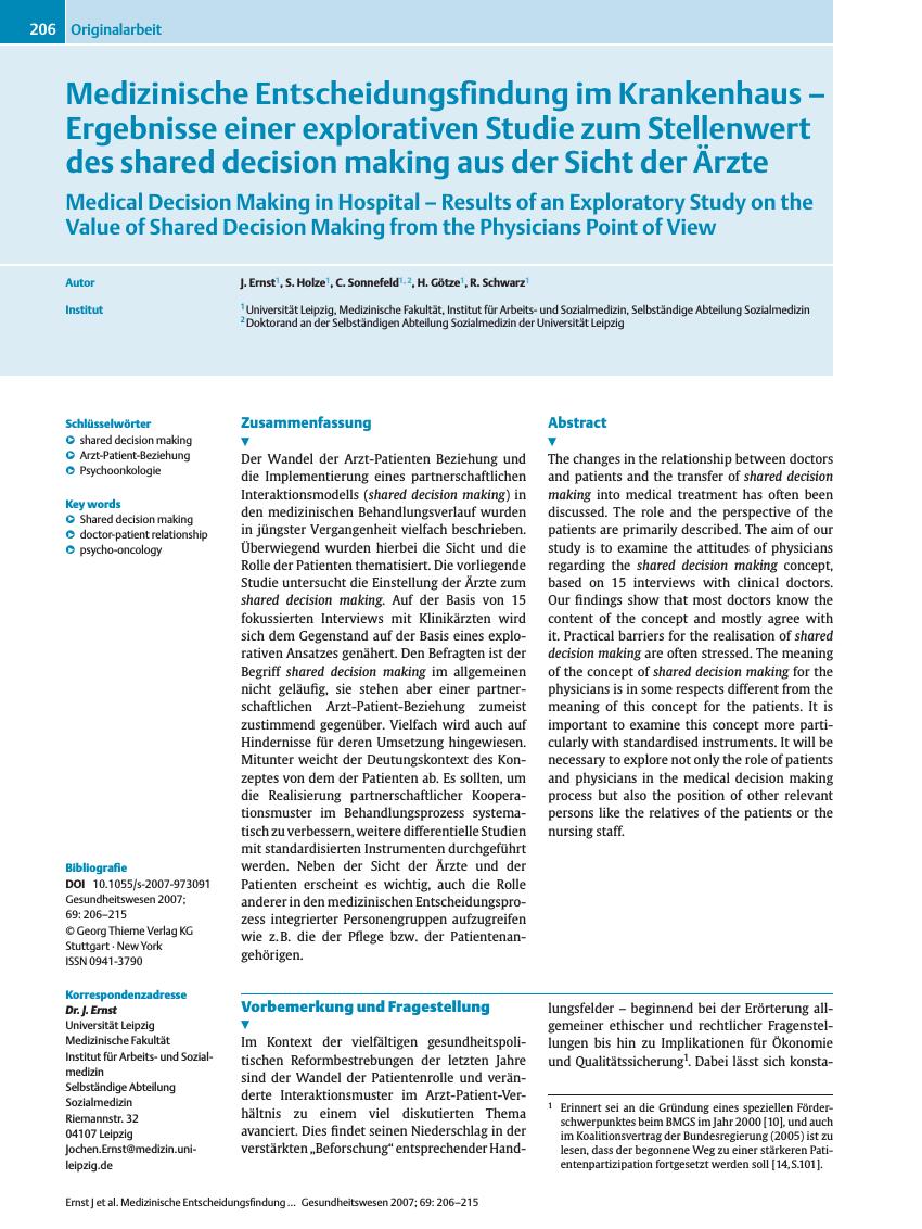 Vorschauseite 1: Medizinische Entscheidungsfindung im Krankenhaus - Ergebnisse einer explorativen Studie zum Stellenwert des shared decision making aus der Sicht der Ärzte