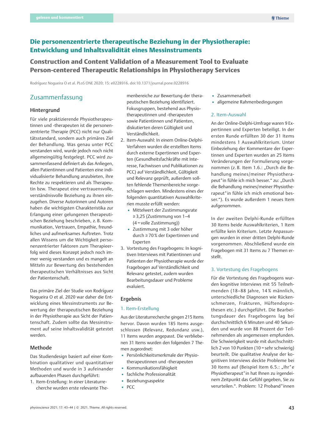 Vorschauseite 1: Die personenzentrierte therapeutische Beziehung in der Physiotherapie: Entwicklung und Inhaltsvalidität eines Messinstruments