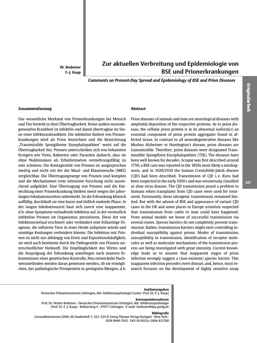 Vorschauseite 1: Zur aktuellen Verbreitung und Epidemiologie von BSE und Prionerkrankungen