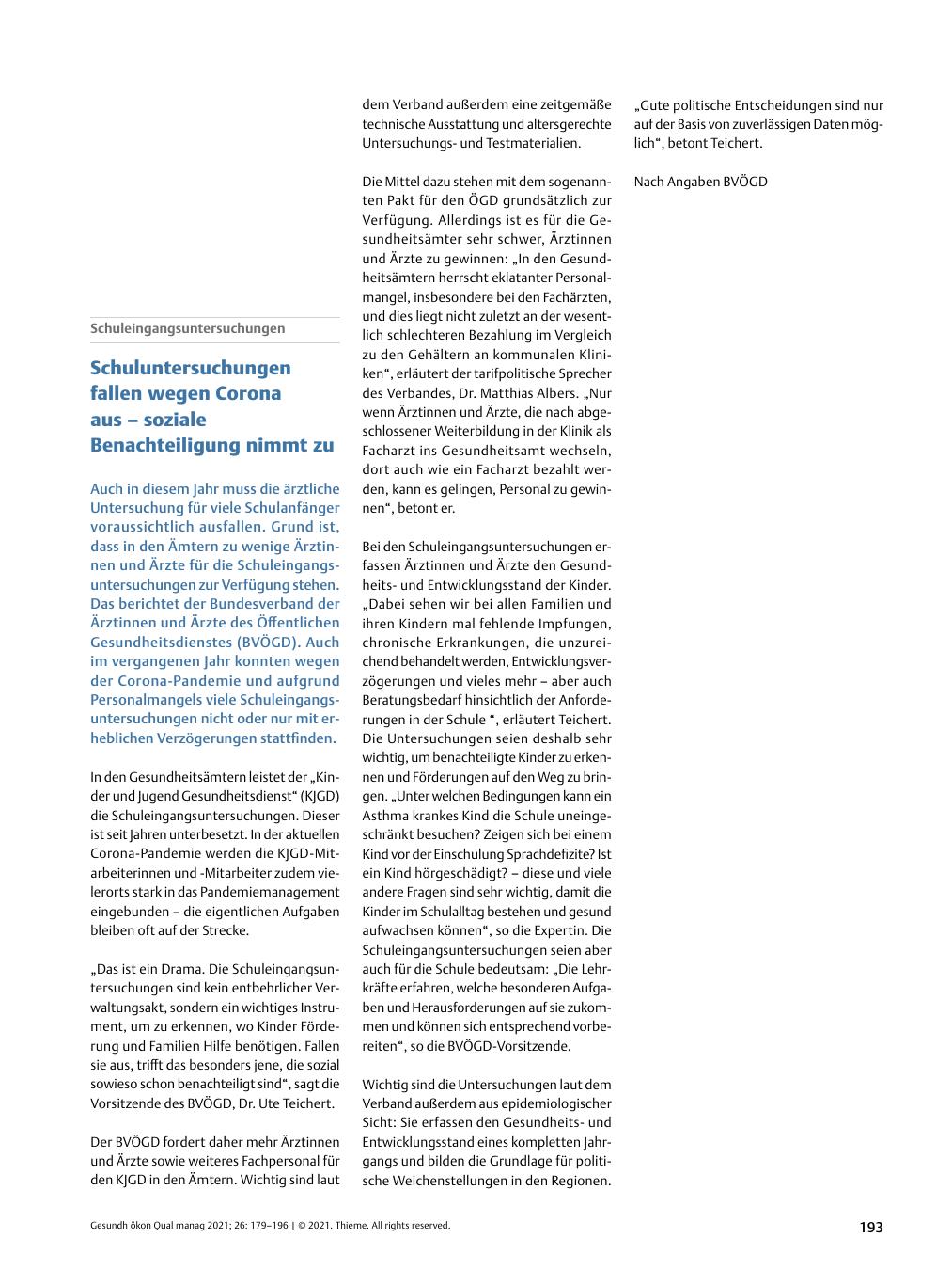 Vorschauseite 1: Schuleingangsuntersuchungen - Schuluntersuchungen fallen wegen Corona aus – soziale Benachteiligung nimmt zu