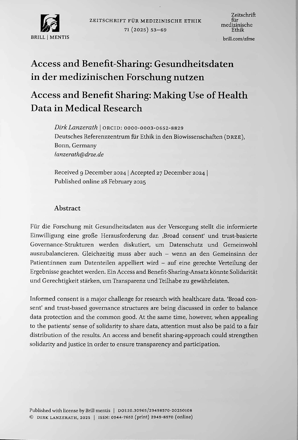 Vorschauseite 1: Access and Benefit-Sharing: Gesundheitsdaten in der medizinischen Forschung nutzen