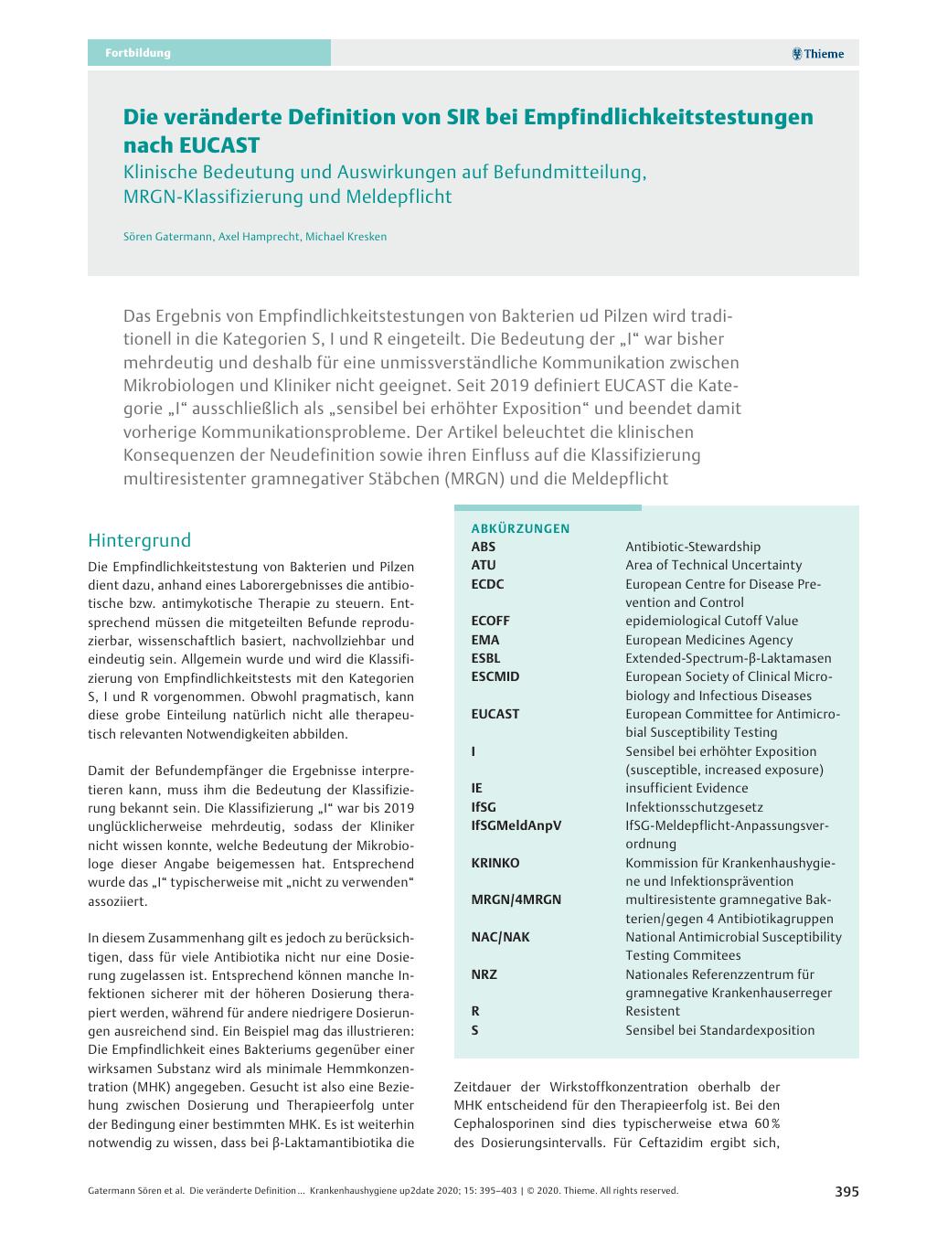 Vorschauseite 1: Die veränderte Definition von SIR bei Empfindlichkeitstestungen nach EUCAST