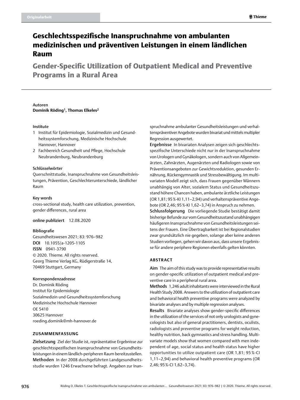 Vorschauseite 1: Geschlechtsspezifische Inanspruchnahme von ambulanten medizinischen und präventiven Leistungen in einem ländlichen Raum