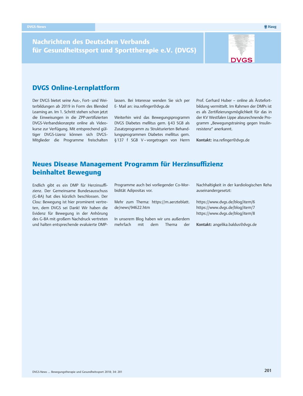 Vorschauseite 1: Nachrichten des Deutschen Verbands für Gesundheitssport und Sporttherapie e.V. (DVGS)