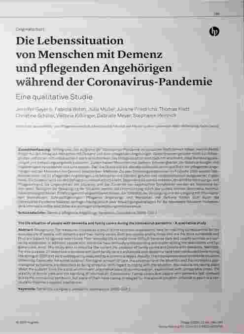Vorschauseite 1: Die Lebenssituation von Menschen mit Demenz und pflegenden Angehörigen während der Coronavirus-Pandemie