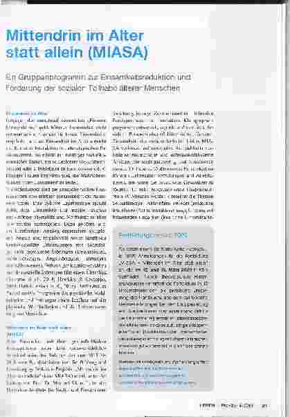 Vorschauseite 1: Mittendrin im Alter statt allein (MIASA). Ein Gruppenprogramm zur Einsamkeitsreduktion und Förderung der sozialen Teilhabe älterer Menschen