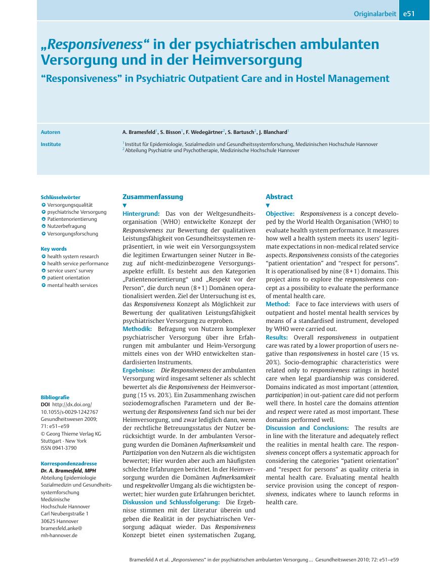 Vorschauseite 1: „Responsiveness” in der psychiatrischen ambulanten Versorgung und in der Heimversorgung