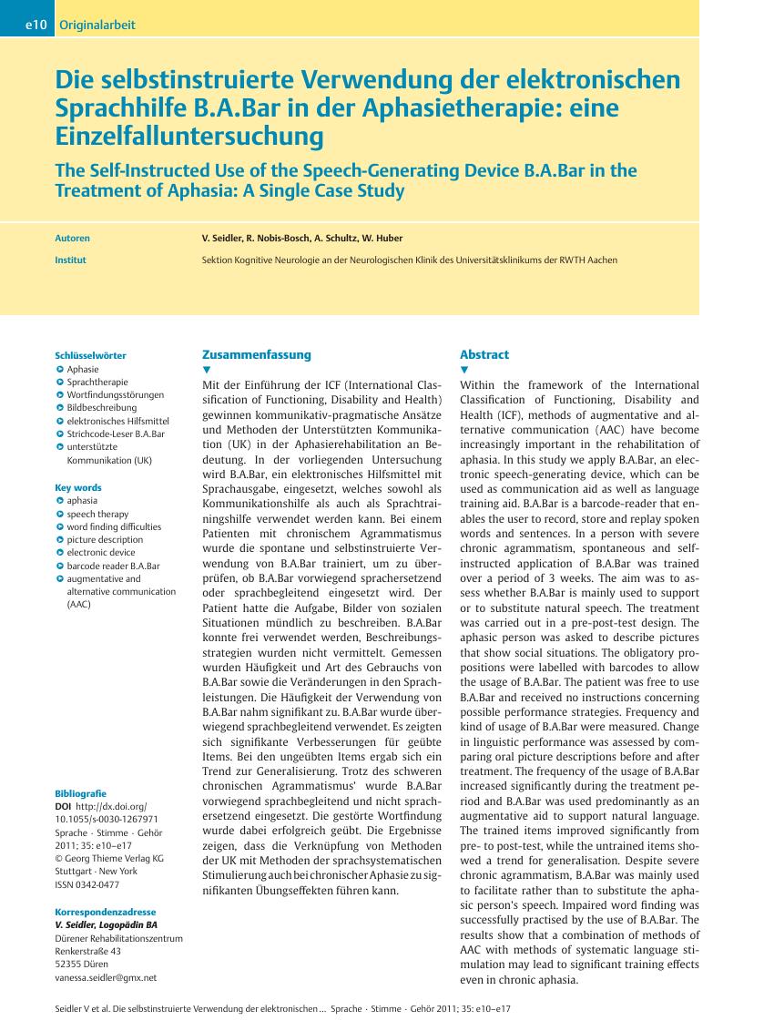 Vorschauseite 1: Die selbstinstruierte Verwendung der elektronischen Sprachhilfe B.A.Bar in der Aphasietherapie: eine Einzelfalluntersuchung