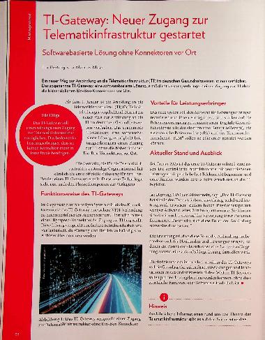 Vorschauseite 1: TI-Gateway: Neuer Zugang zur Telematikinfrastruktur gestartet Softwarebasierte Lösung ohne Konnektoren vor Ort