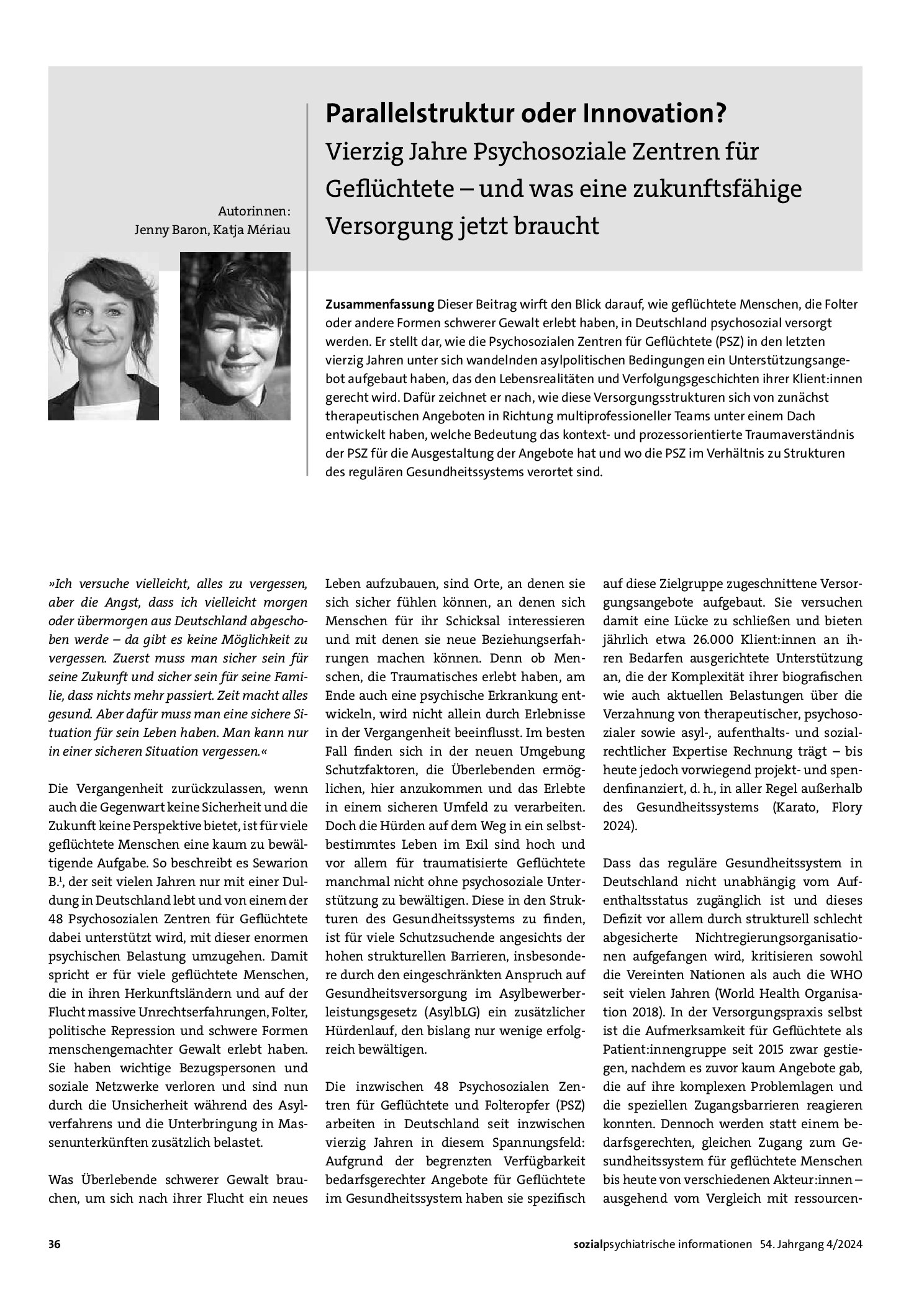 Vorschauseite 1: Parallelstruktur oder Innovation? Vierzig Jahre Psychosoziale Zentren für Geflüchtete – und was eine zukunftsfähige Versorgung jetzt braucht