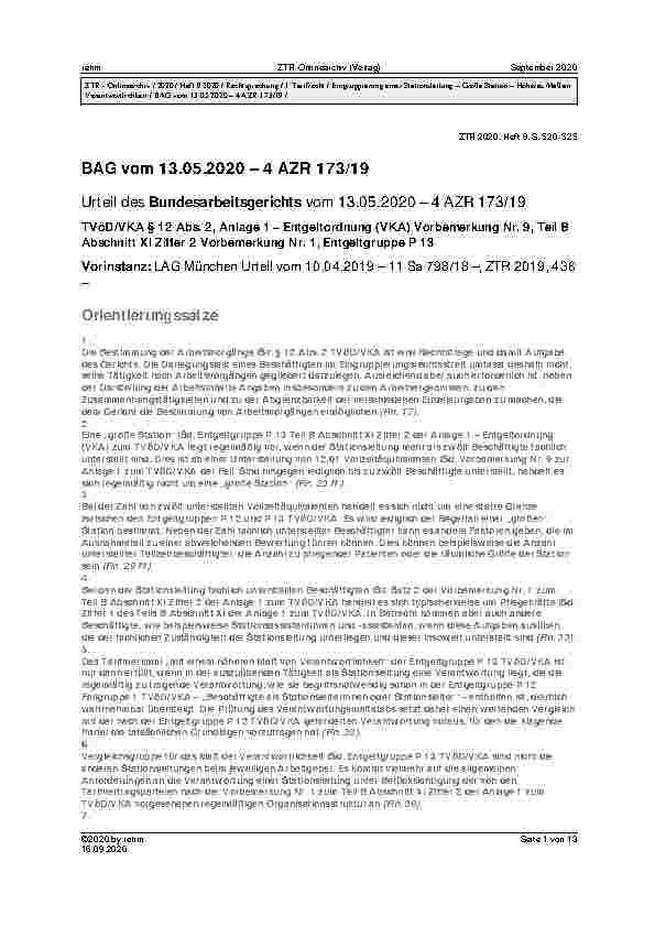 Vorschauseite 1: BAG vom 13. 05. 2020 – 4 AZR 173/19 Urteil des Bundesarbeitsgerichts vom 13. 05. 2020 – 4 AZR 173/19 TVöD/VKA § 12 Abs. 2, Anlage 1 – Entgeltordnung (VKA) Vorbemerkung Nr. 9, Teil…