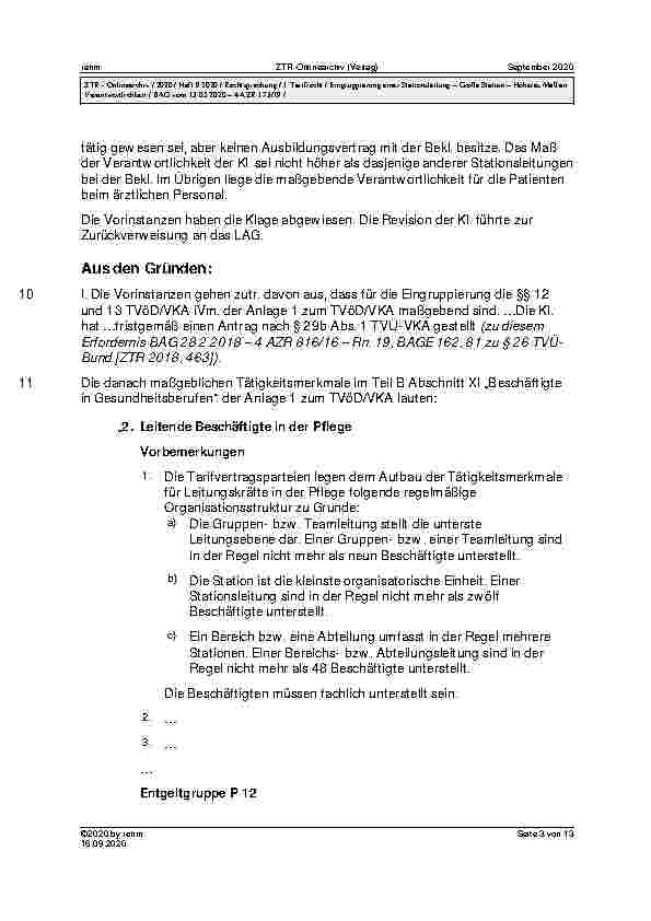 Vorschauseite 3: BAG vom 13. 05. 2020 – 4 AZR 173/19 Urteil des Bundesarbeitsgerichts vom 13. 05. 2020 – 4 AZR 173/19 TVöD/VKA § 12 Abs. 2, Anlage 1 – Entgeltordnung (VKA) Vorbemerkung Nr. 9, Teil…