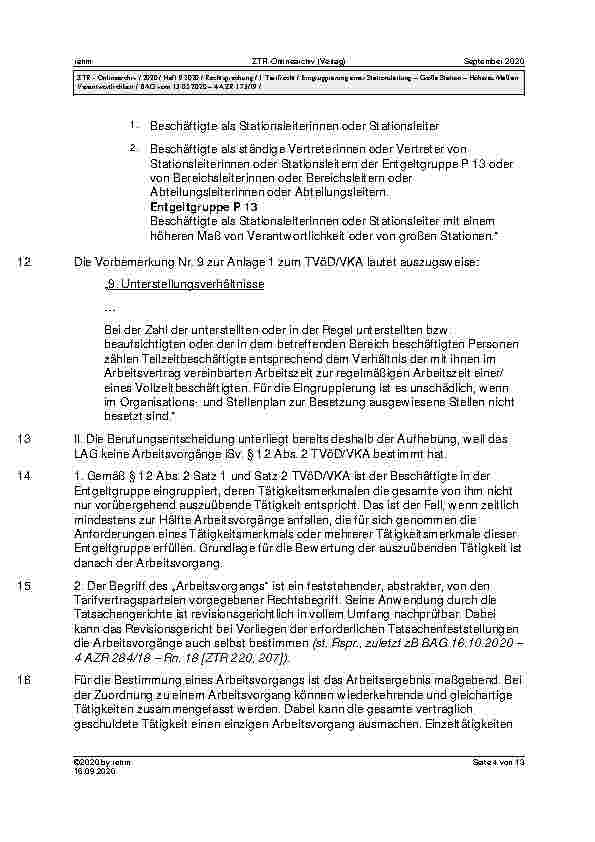 Vorschauseite 4: BAG vom 13. 05. 2020 – 4 AZR 173/19 Urteil des Bundesarbeitsgerichts vom 13. 05. 2020 – 4 AZR 173/19 TVöD/VKA § 12 Abs. 2, Anlage 1 – Entgeltordnung (VKA) Vorbemerkung Nr. 9, Teil…