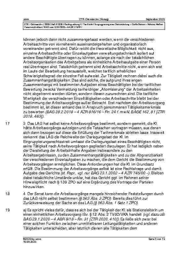 Vorschauseite 5: BAG vom 13. 05. 2020 – 4 AZR 173/19 Urteil des Bundesarbeitsgerichts vom 13. 05. 2020 – 4 AZR 173/19 TVöD/VKA § 12 Abs. 2, Anlage 1 – Entgeltordnung (VKA) Vorbemerkung Nr. 9, Teil…