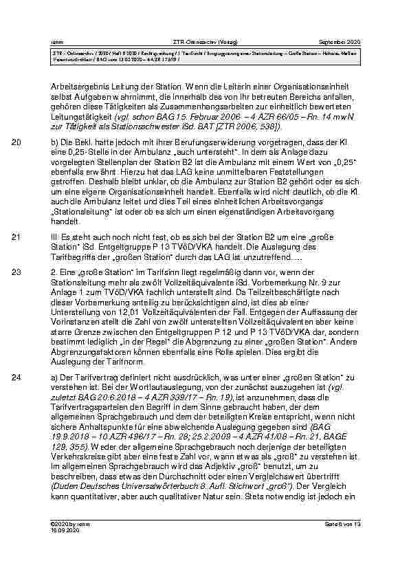 Vorschauseite 6: BAG vom 13. 05. 2020 – 4 AZR 173/19 Urteil des Bundesarbeitsgerichts vom 13. 05. 2020 – 4 AZR 173/19 TVöD/VKA § 12 Abs. 2, Anlage 1 – Entgeltordnung (VKA) Vorbemerkung Nr. 9, Teil…